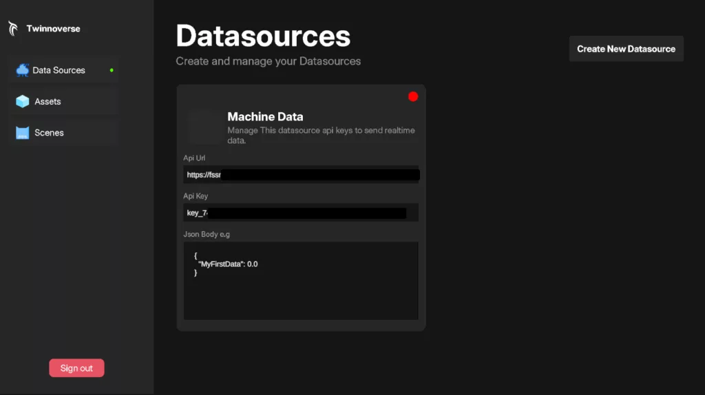 Twinnoverse Datasource interface, display a datasource card on it